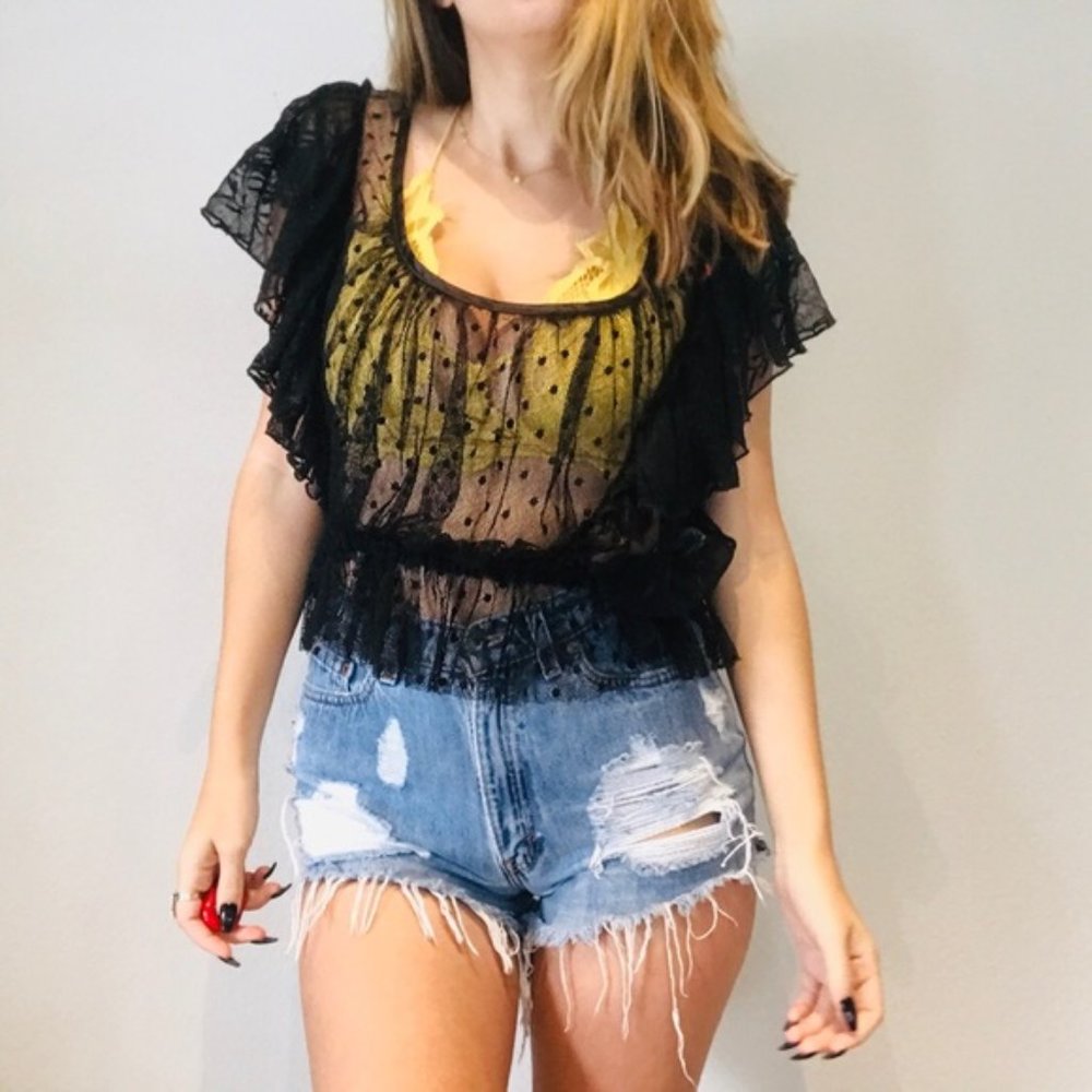 Free People black mesh polka dot ruffle top - Picture 2 of 7